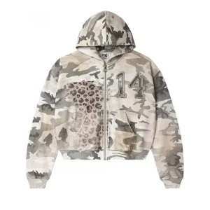 Vale Forever Camo Leopard Print Zip-Up Sand/Gray Hoodie